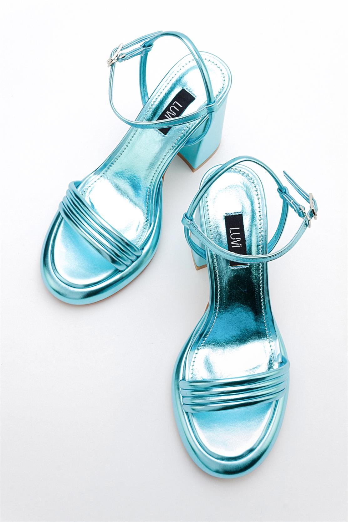 Posse - Baby Blue Metallic Heeled Shoe – heel view showing leather, metallic, blue, Vowalisse