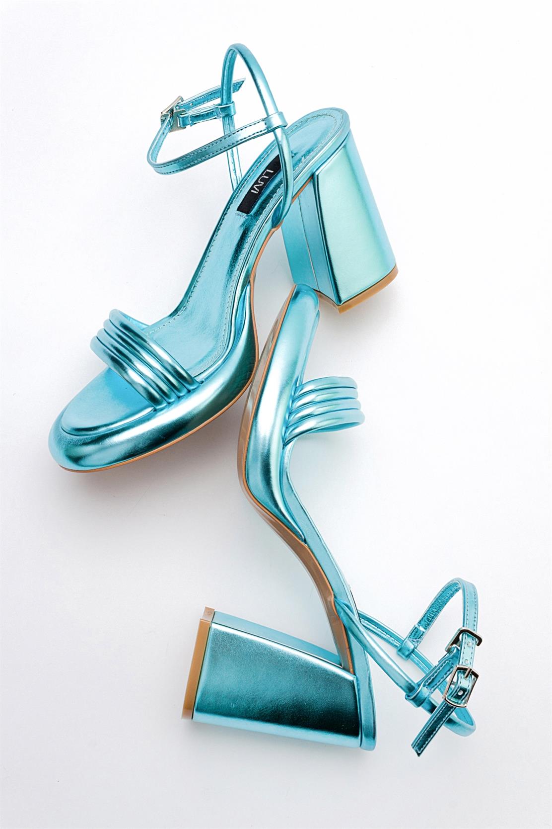 Posse - Baby Blue Metallic Heeled Shoe – top view showing leather, metallic, blue, Vowalisse