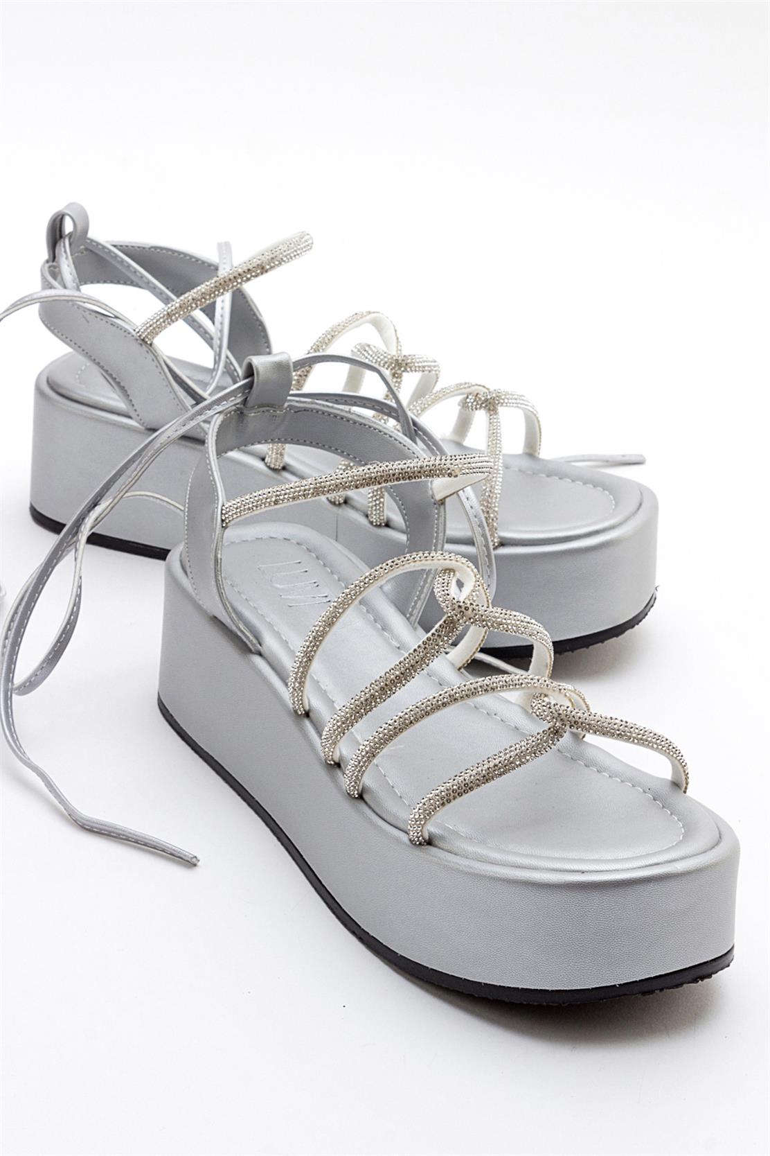 Titan - Gray Stone-Embellished Ankle-Tie Chunky Platform Sandal – front three-quarter view showing leather, Vowalisse