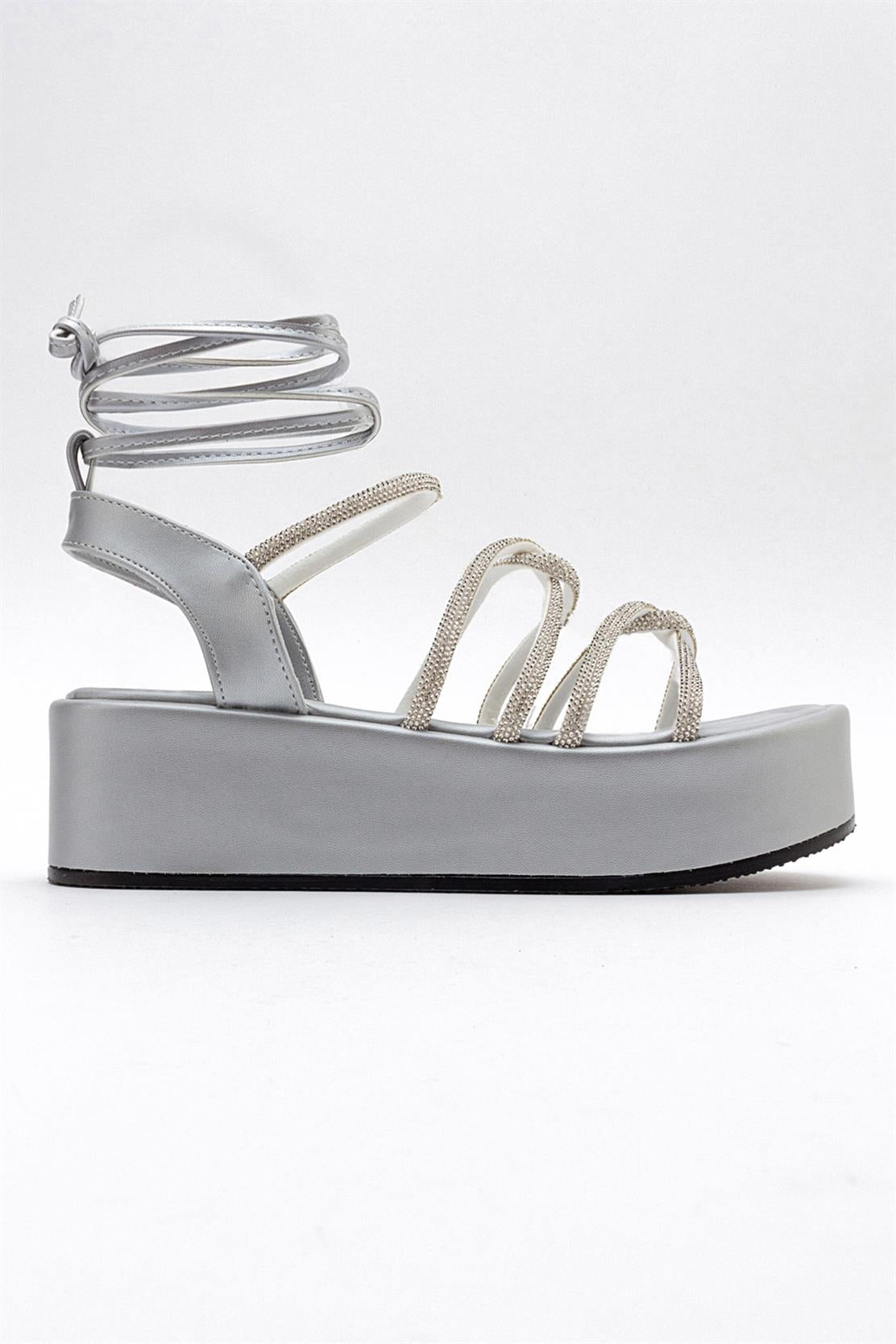 Titan - Gray Stone-Embellished Ankle-Tie Chunky Platform Sandal – top view showing leather, Vowalisse
