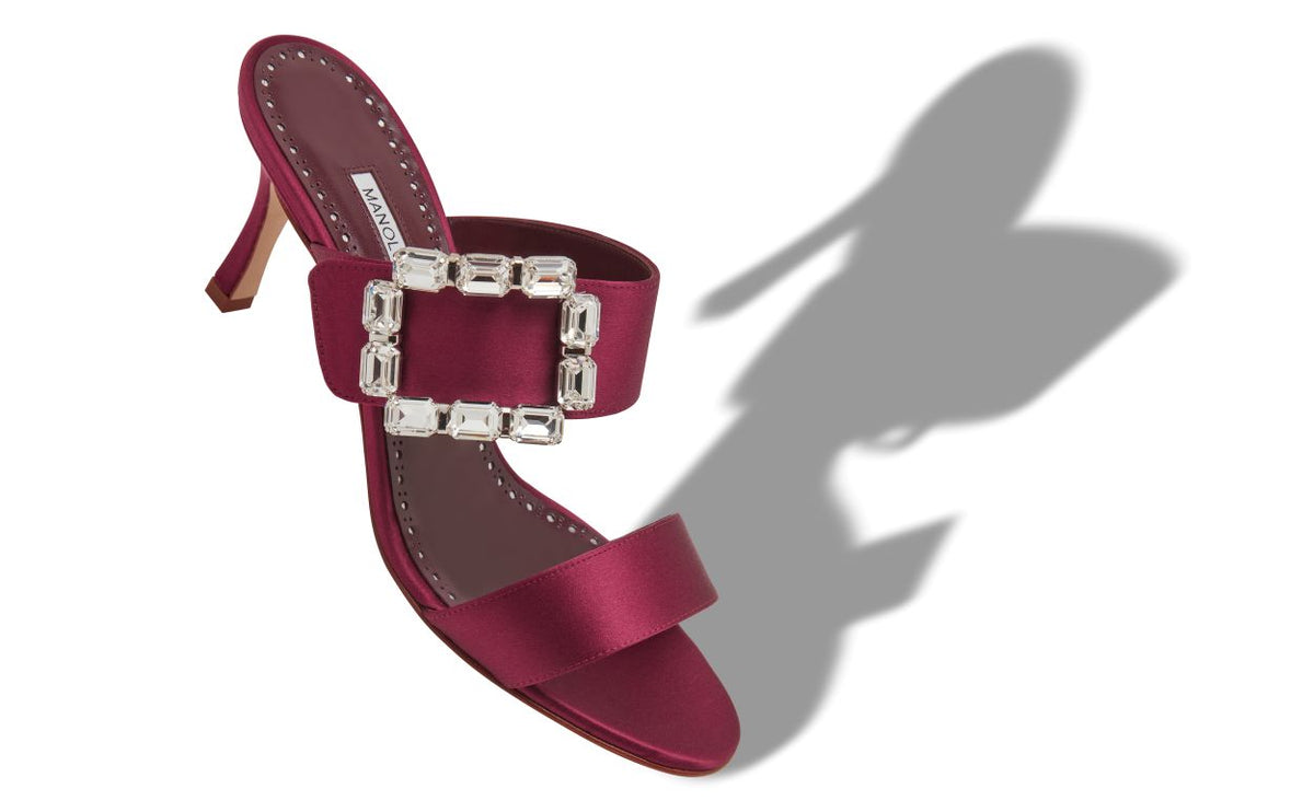 Emmeline Lace Red Crystal Buckle Mules – front three-quarter view showing red crystal buckle, open toe, satin, Vowalisse