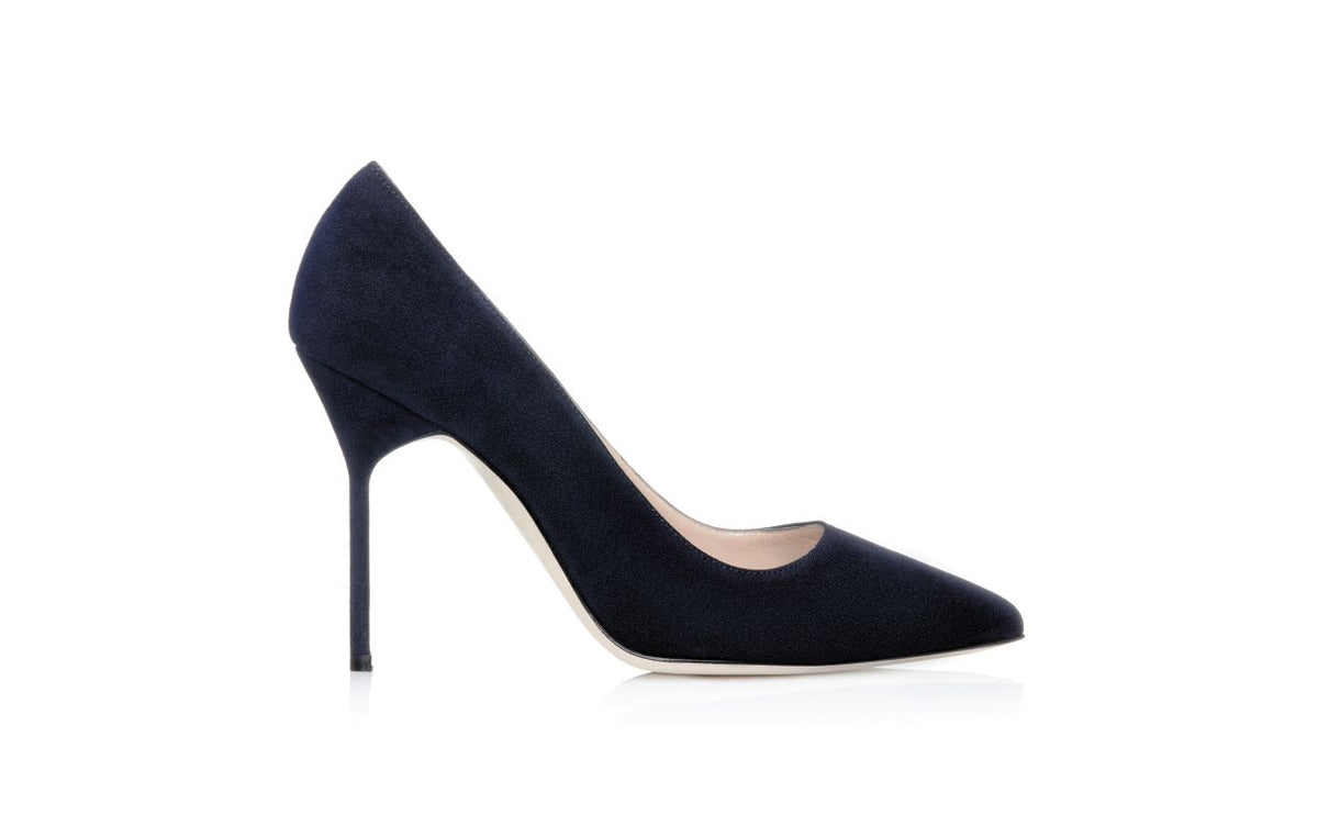 Cressida Bloom Blue Pointed Toe Pumps – side profile showing blue pointed toe, suede, Vowalisse