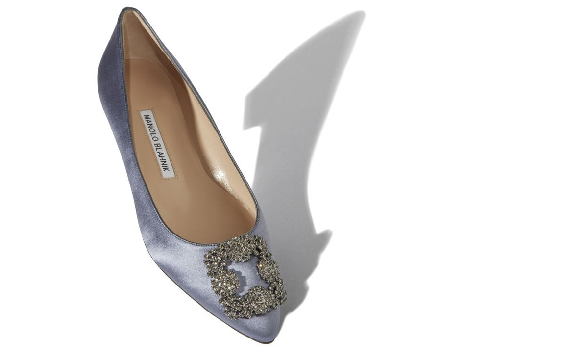 Aurelia Dawn Blue Jewel Buckle Pumps – front three-quarter view showing blue jewel buckle, crystal buckle, almond toe…