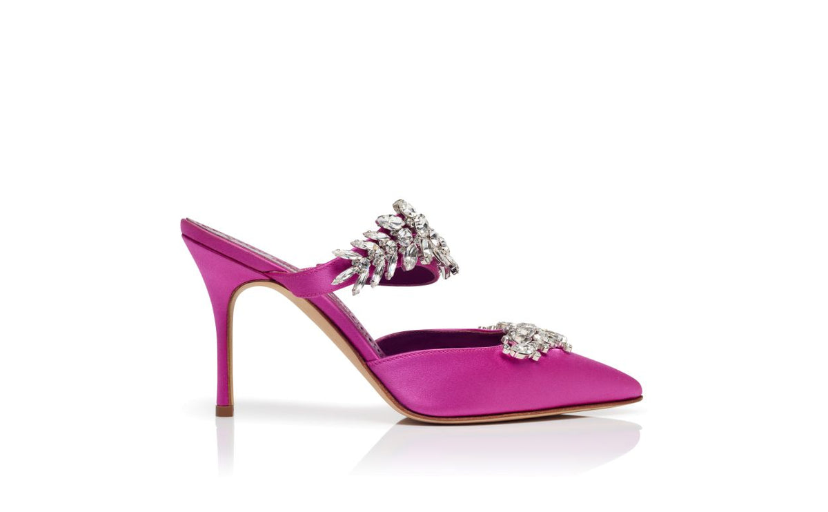 Estelle Shine Purple Crystal Embellished Mules – side profile showing purple crystal embellished, pointed toe, satin…