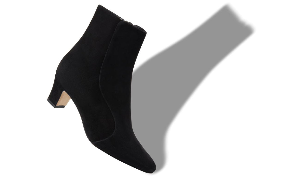 Emmeline Élan Black Round Toe Ankle Boots – front three-quarter view showing black round toe, suede, Vowalisse