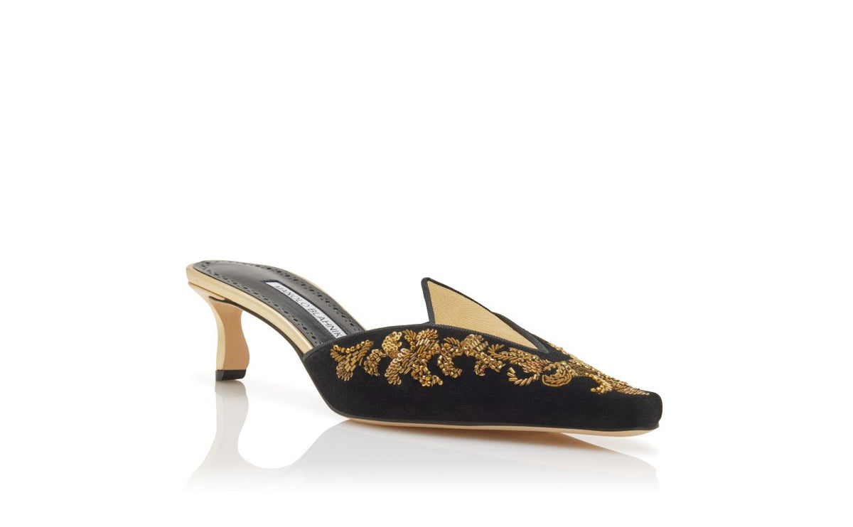 Marielle Star Black Almond Toe Mules – side profile showing black almond toe, velvet, Vowalisse