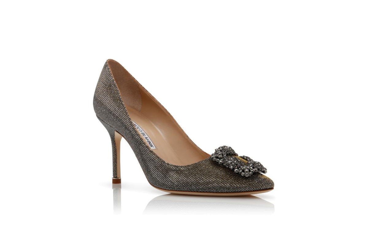 Valentina Crown Gold Jewel Buckle Pumps – top view showing gold jewel buckle, crystal buckle, almond toe, Vowalisse