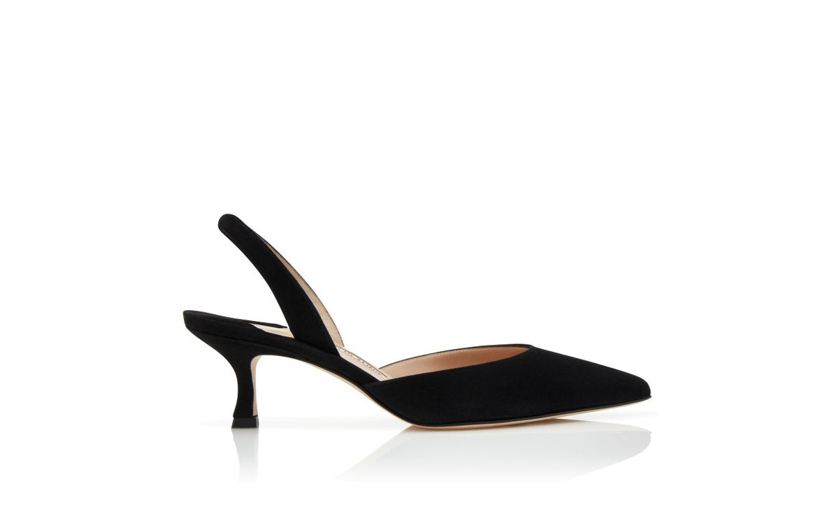 Amelie Bloom Black Slingback Slingbacks – side profile showing black slingback, almond toe, suede, Vowalisse
