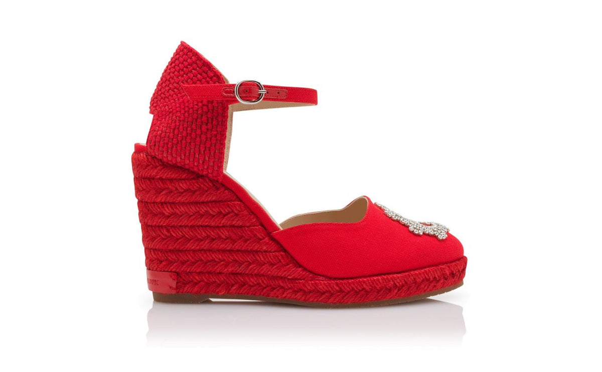 Valentina Shine Red Crystal Buckle Espadrilles – side profile showing red crystal buckle, crystal embellished, ankle strap…