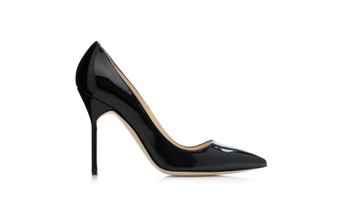 Fiorella Bloom Black Pointed Toe Pumps – side profile showing black pointed toe, patent leather, Vowalisse