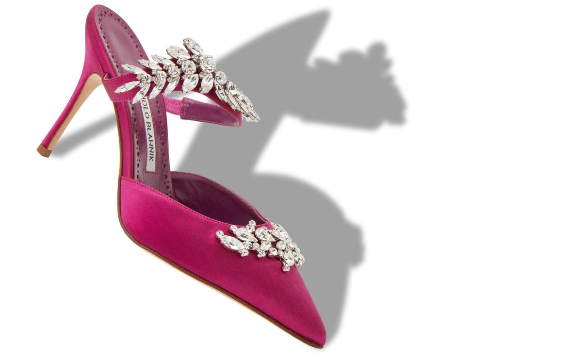 Vivienne Flame Pink Crystal Embellished Mules – front three-quarter view showing pink crystal embellished, pointed toe…