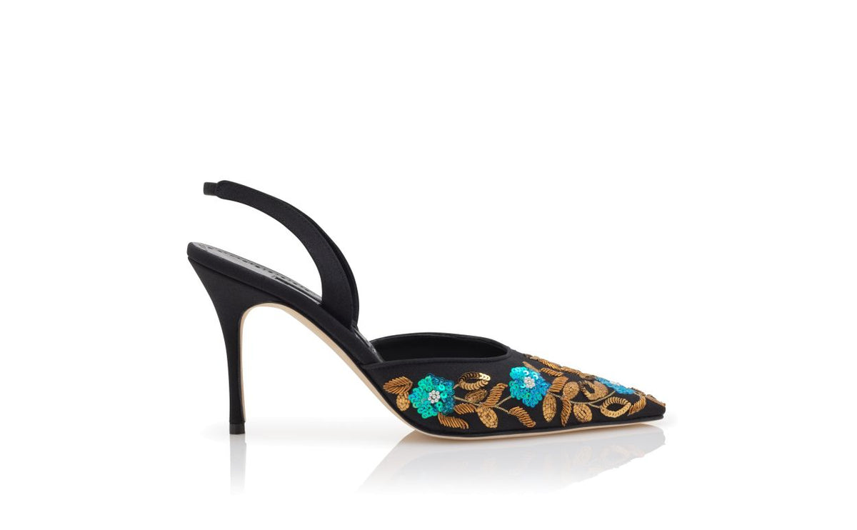 Odette Muse Black Embroidered Slingbacks – side profile showing black embroidered, slingback, almond toe, Vowalisse