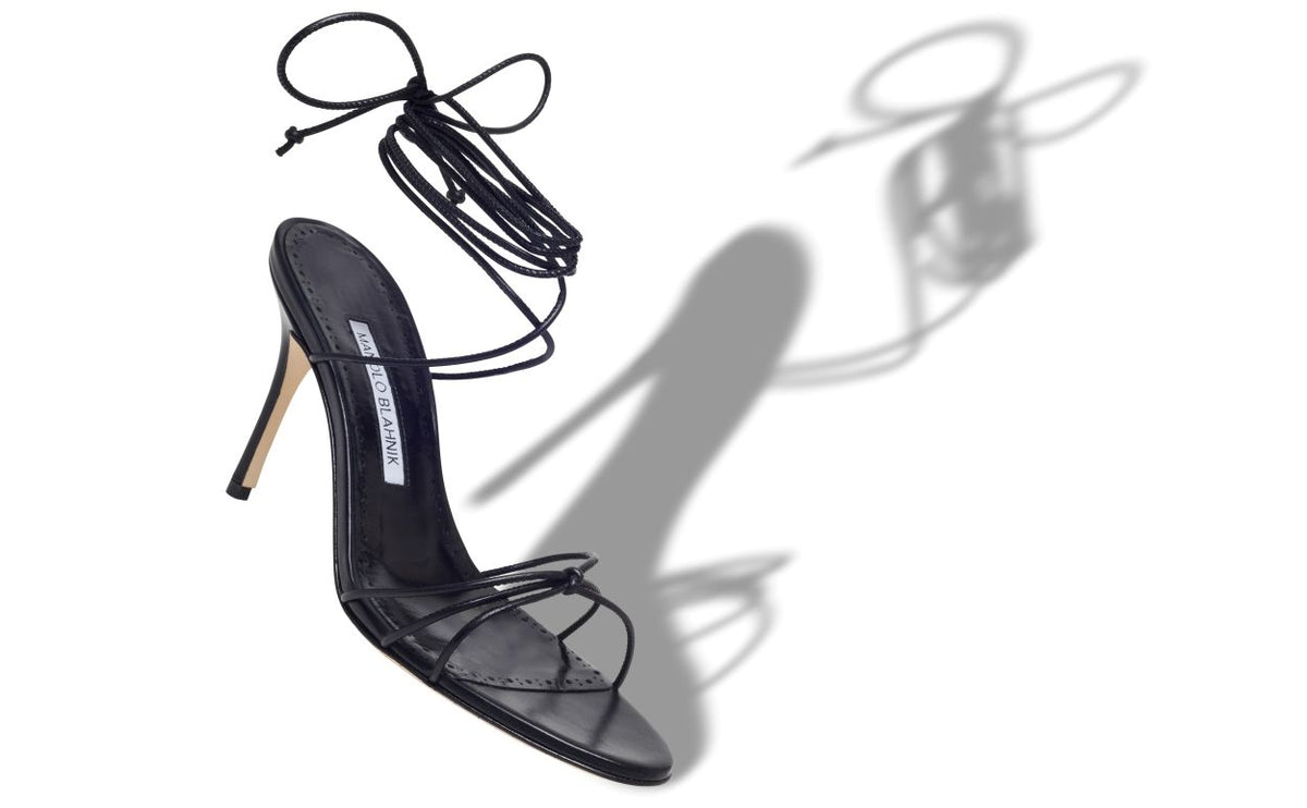 Genevieve Halo Black Ankle Strap Ankle-Strap Shoes – front three-quarter view showing black ankle strap, open toe, nappa…