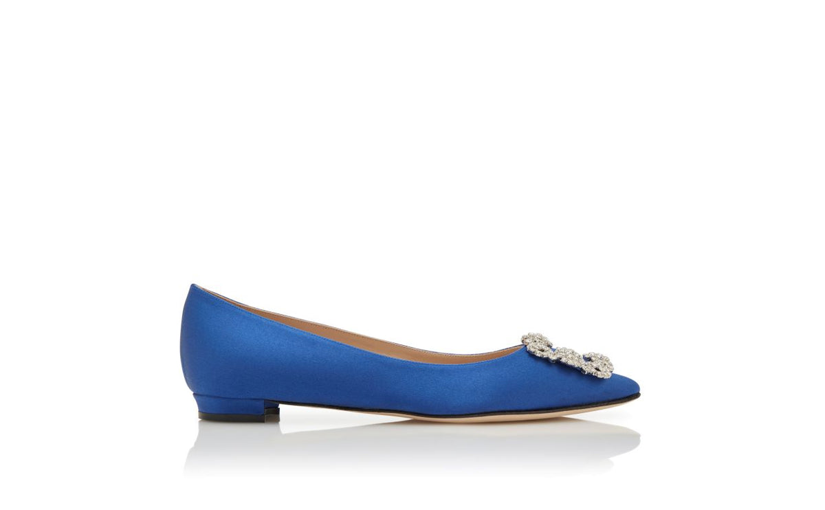 Amelie Grace Blue Jewel Buckle Pumps – side profile showing blue jewel buckle, crystal buckle, almond toe, satin, Vowalisse