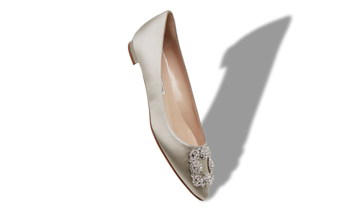 Vivienne Grace Grey Jewel Buckle Pumps – front three-quarter view showing grey jewel buckle, crystal buckle, almond toe…