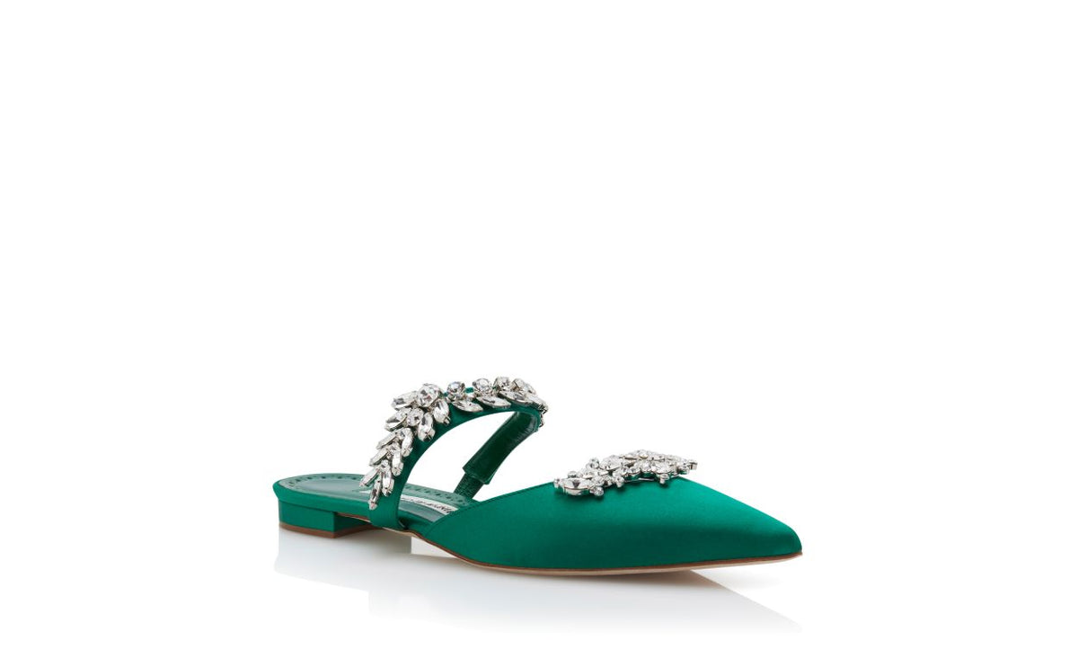 Isadora Grace Green Crystal Embellished Mules – top view showing green crystal embellished, satin, Vowalisse