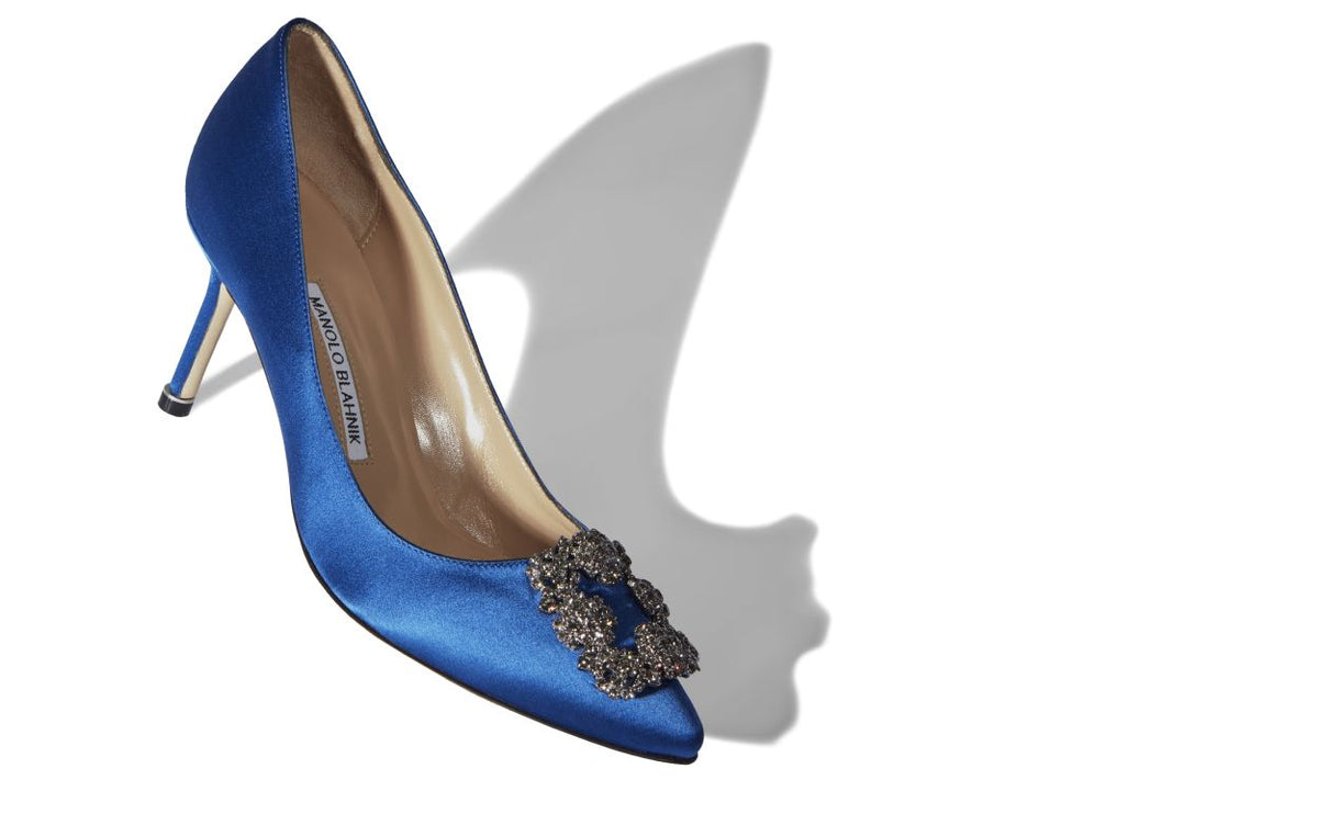 Seraphina Belle Blue Jewel Buckle Pumps – front three-quarter view showing blue jewel buckle, crystal buckle, almond toe…