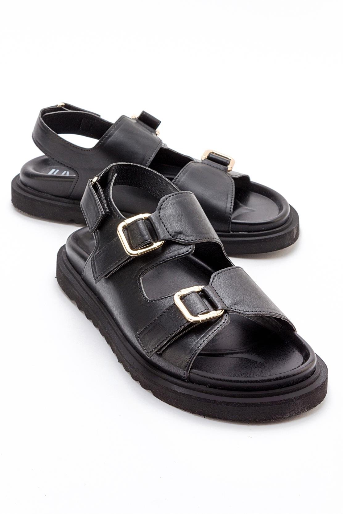 Hermosa - Black Sandal – front three-quarter view showing leather, black, Vowalisse