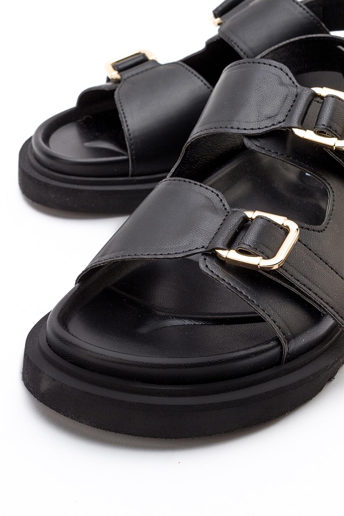Hermosa - Black Sandal – detail view showing leather, black, Vowalisse