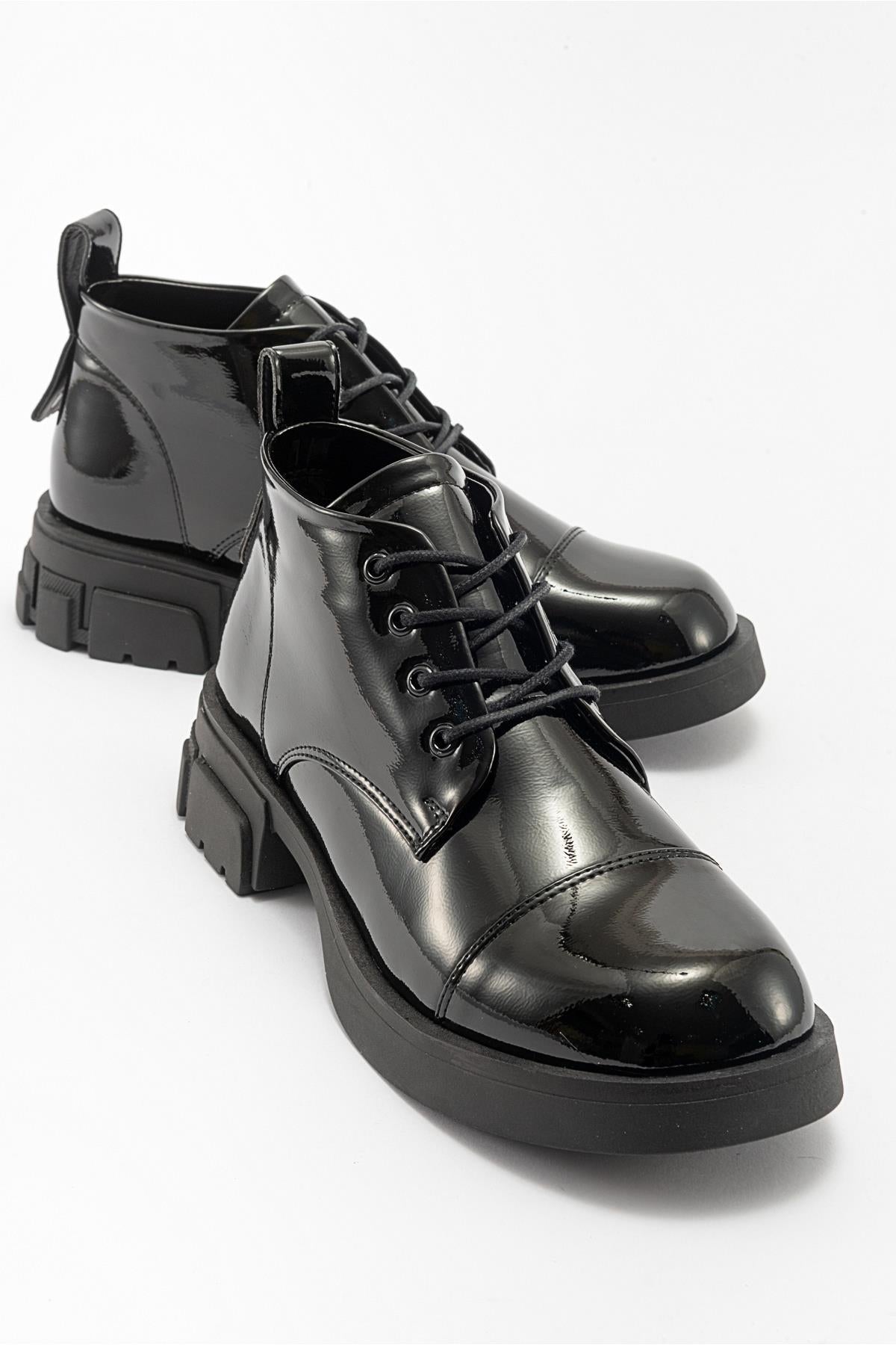Lagom - Black Patent Boot – front three-quarter view showing leather, black, Vowalisse