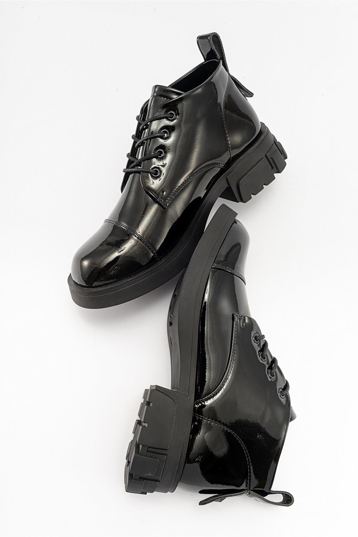 Lagom - Black Patent Boot – side view showing leather, black, Vowalisse