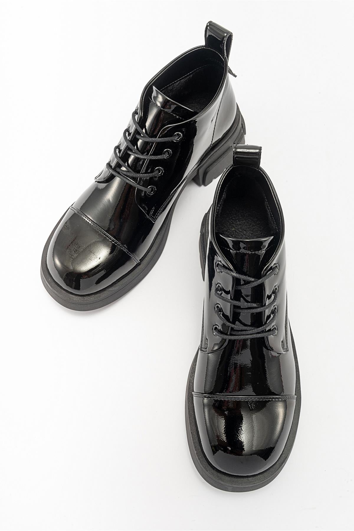 Lagom - Black Patent Boot – heel view showing leather, black, Vowalisse