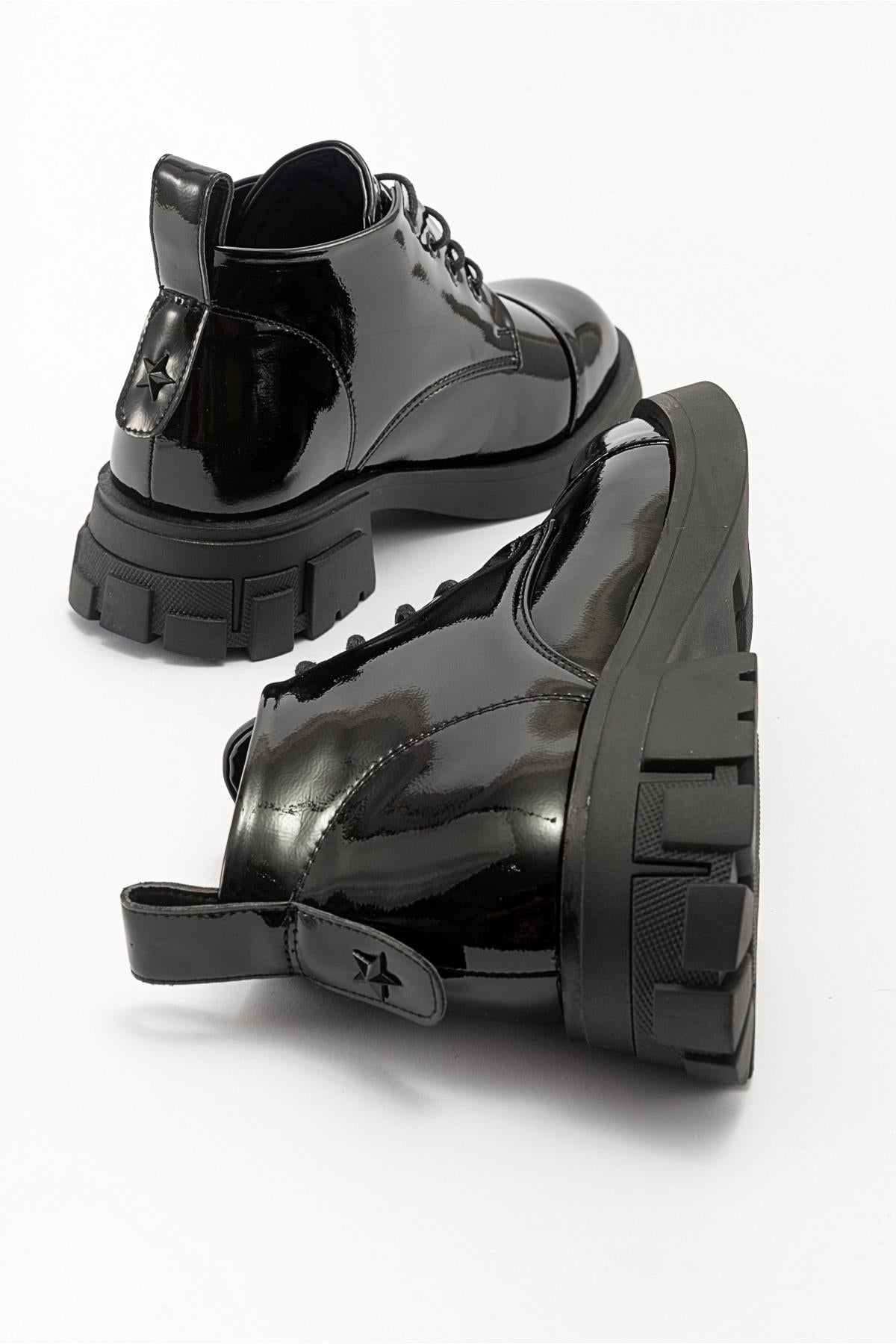 Lagom - Black Patent Boot – back view showing leather, black, Vowalisse