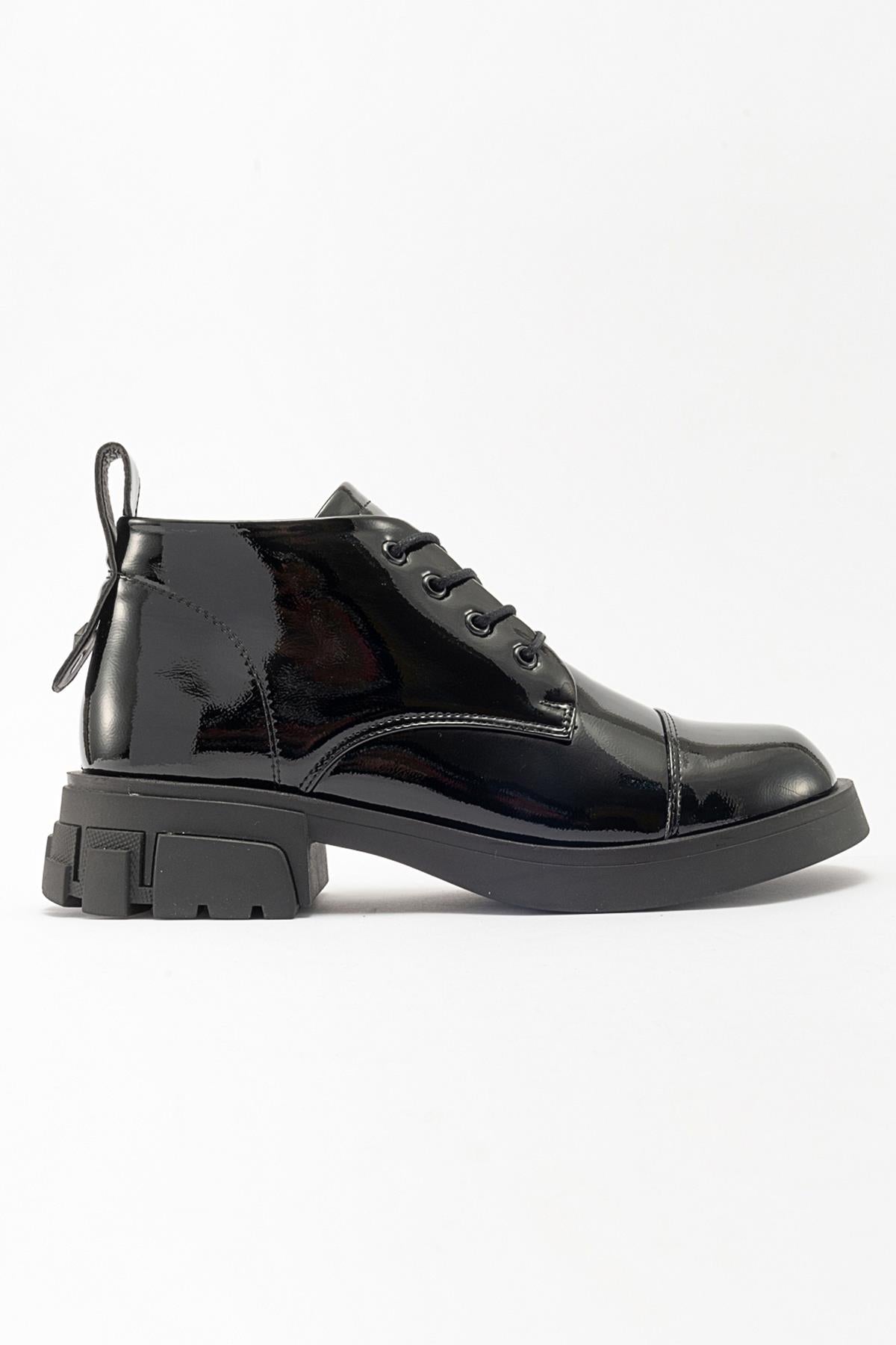 Lagom - Black Patent Boot – top view showing leather, black, Vowalisse