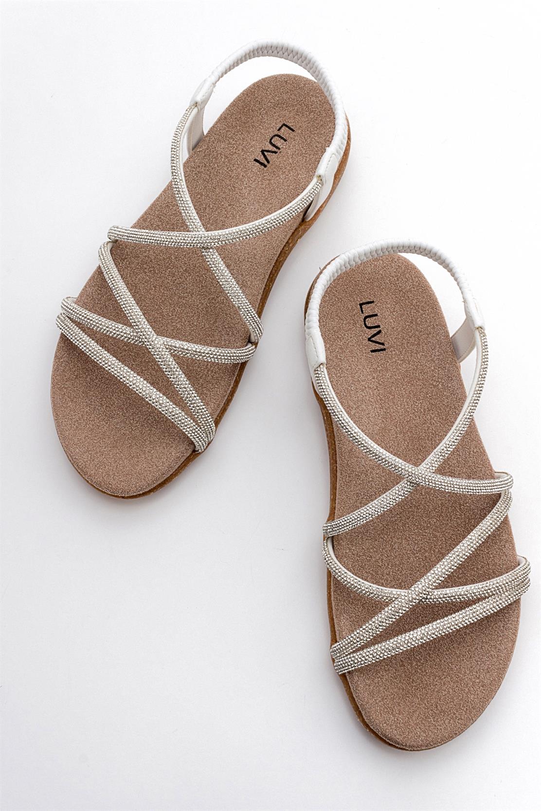 Ever White Embellished Sandal – side view showing leather, white, Vowalisse