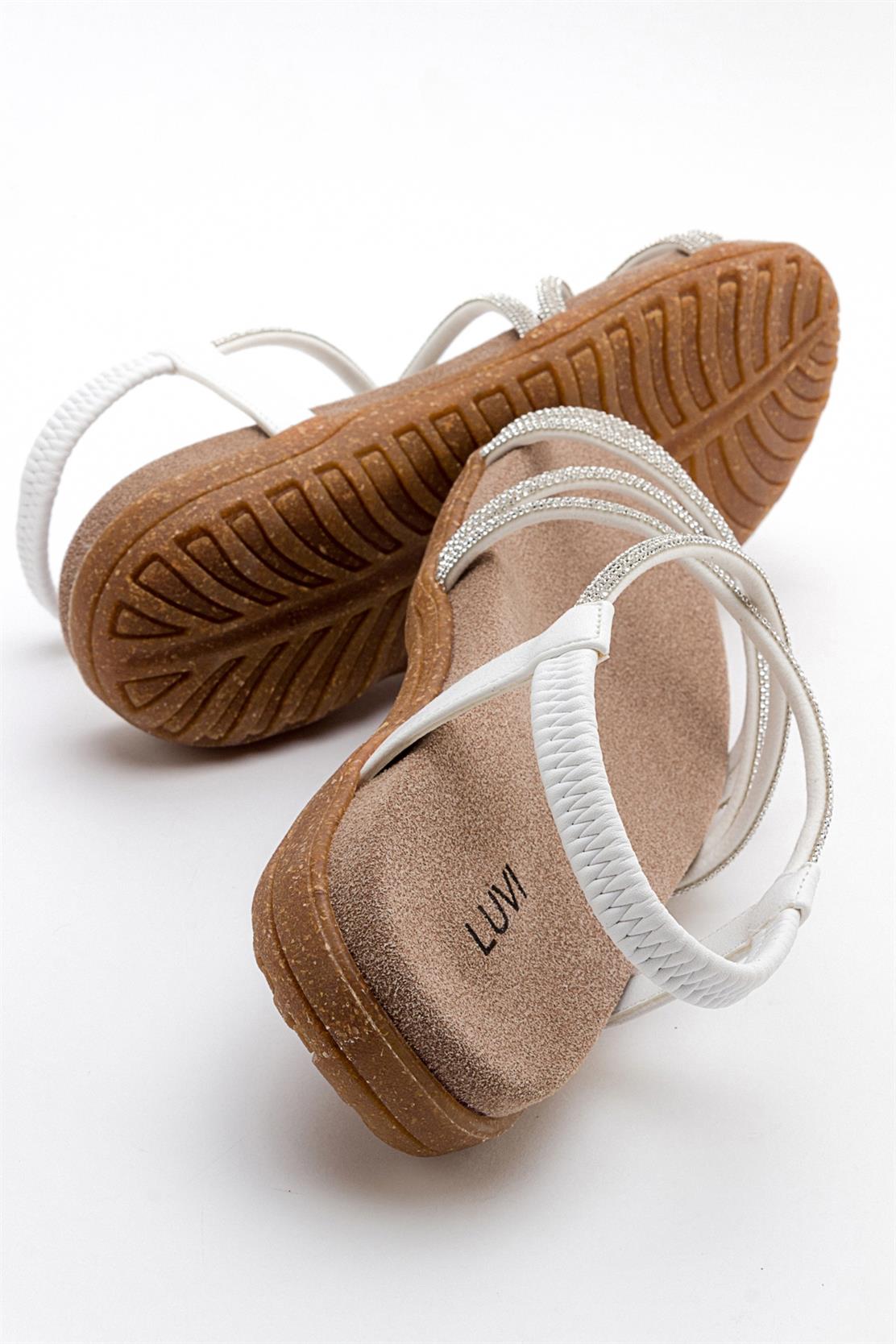 Ever White Embellished Sandal – detail view showing leather, white, Vowalisse