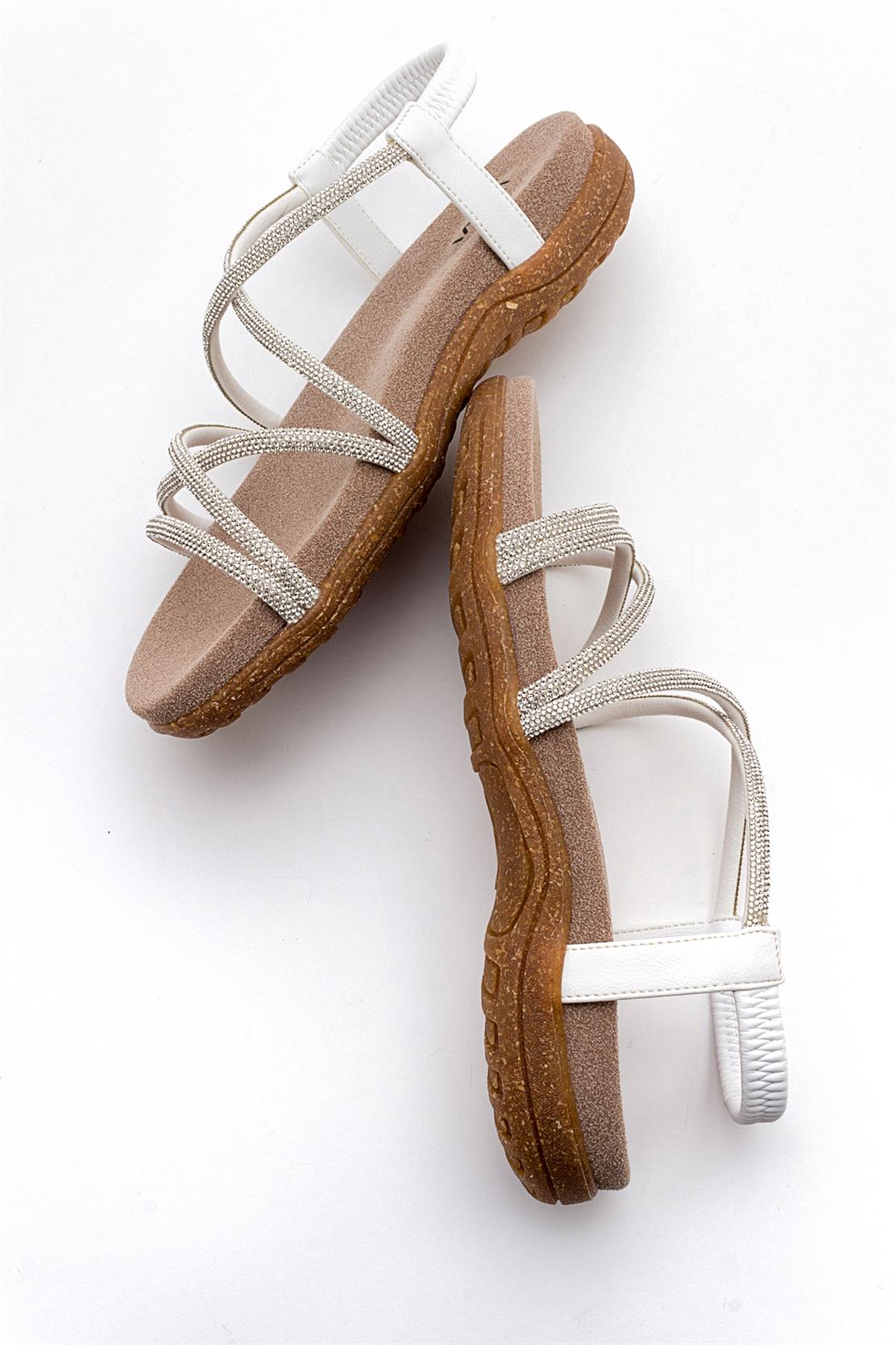 Ever White Embellished Sandal – back view showing leather, white, Vowalisse