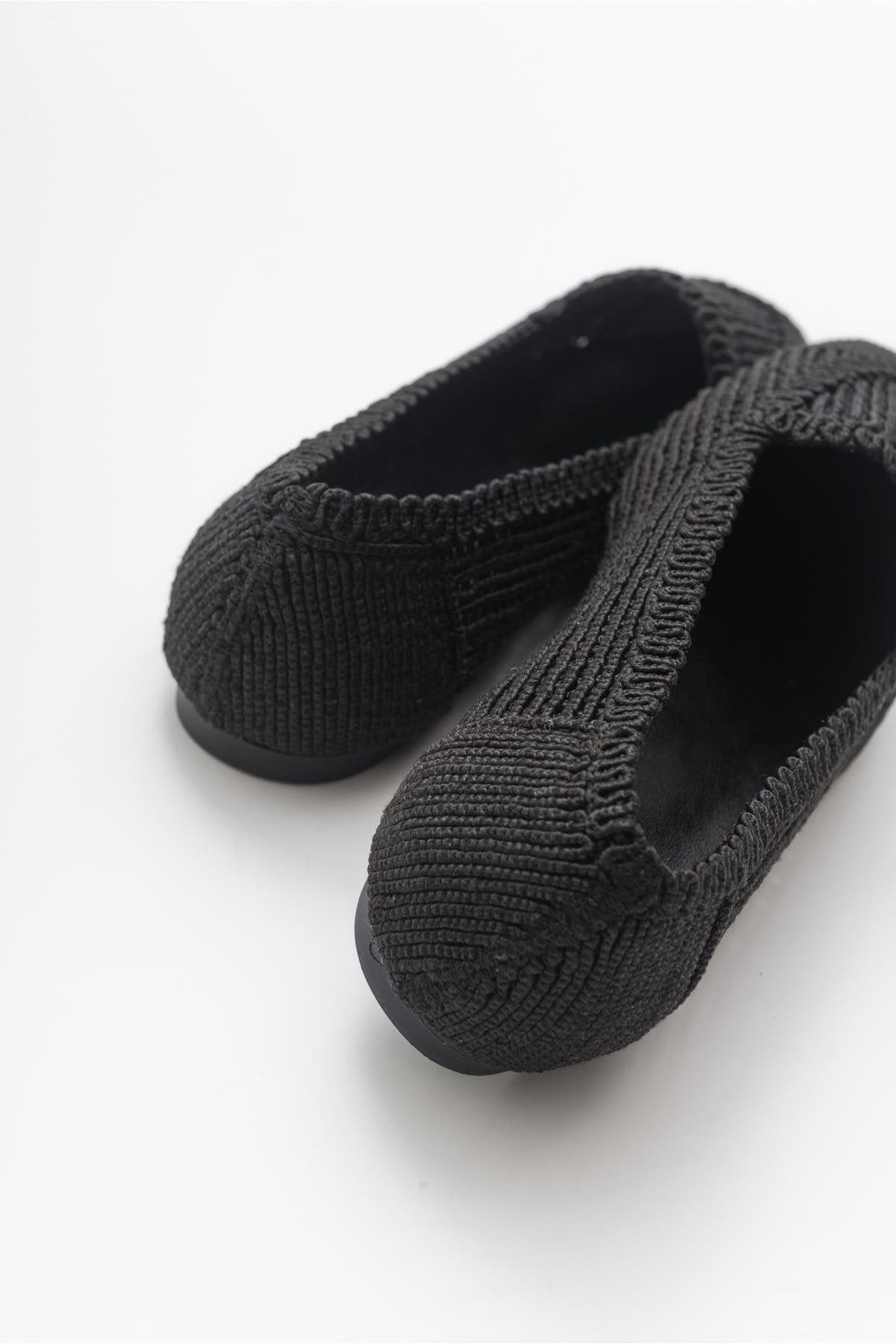 Mira Black Knit Ballet Flat – back view showing leather, black, Vowalisse