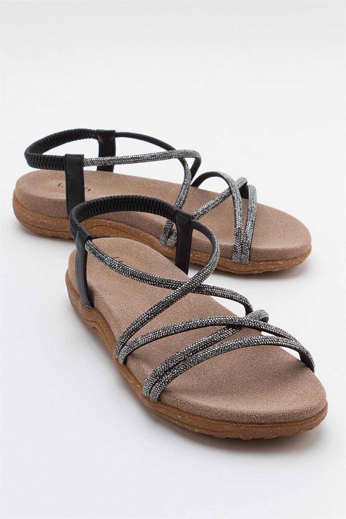 Ever Black Embellished Sandal – front three-quarter view showing leather, black, Vowalisse