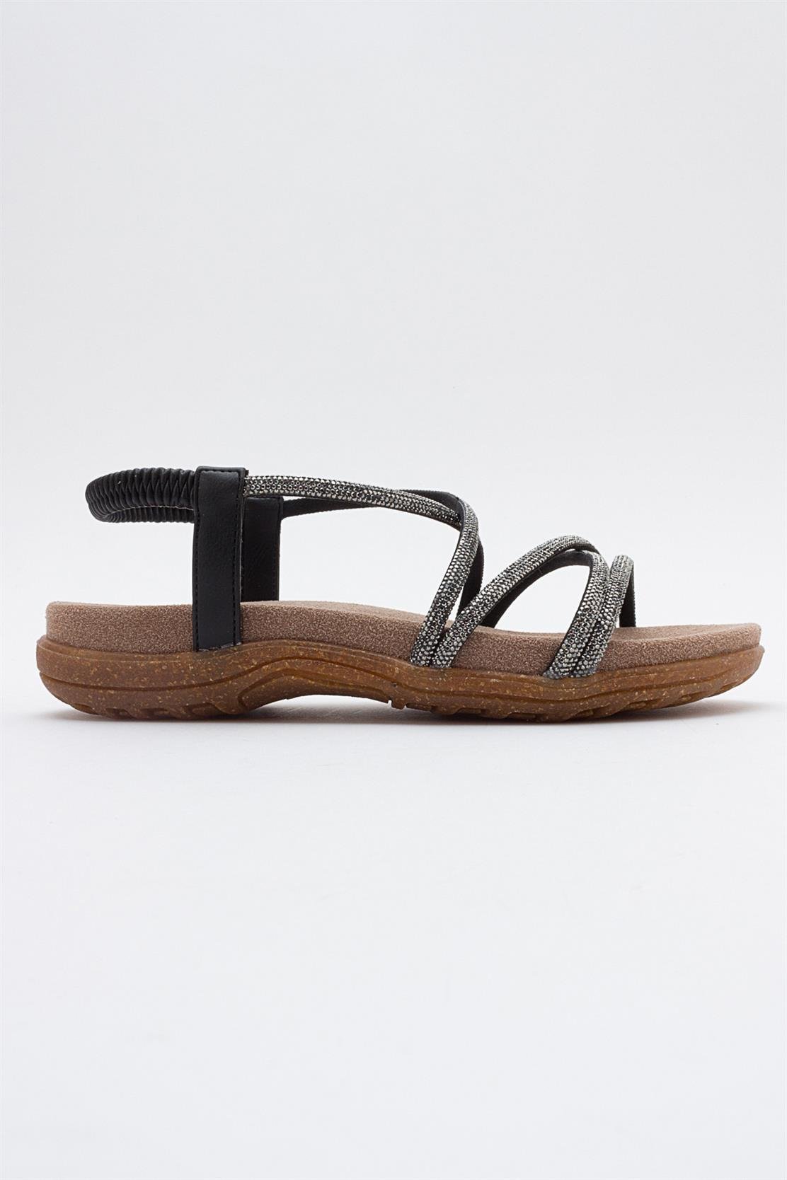 Ever Black Embellished Sandal – top view showing leather, black, Vowalisse