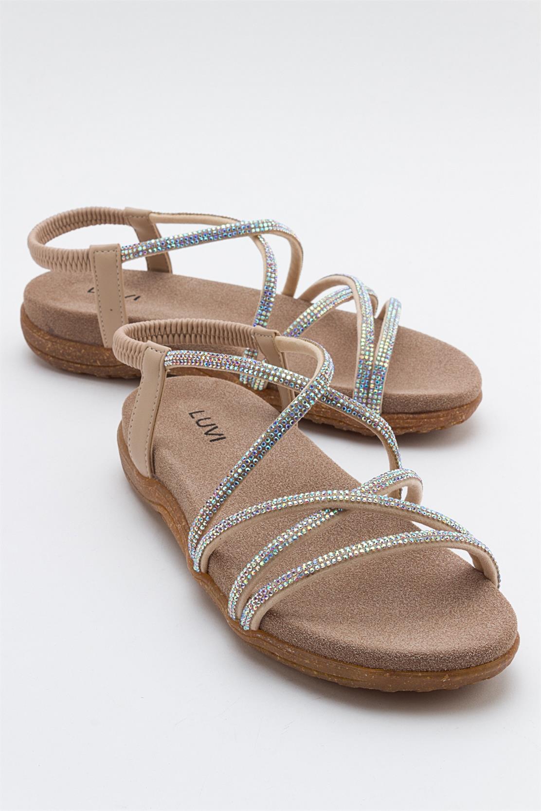 Ever Beige Embellished Sandal – front three-quarter view showing leather, Vowalisse