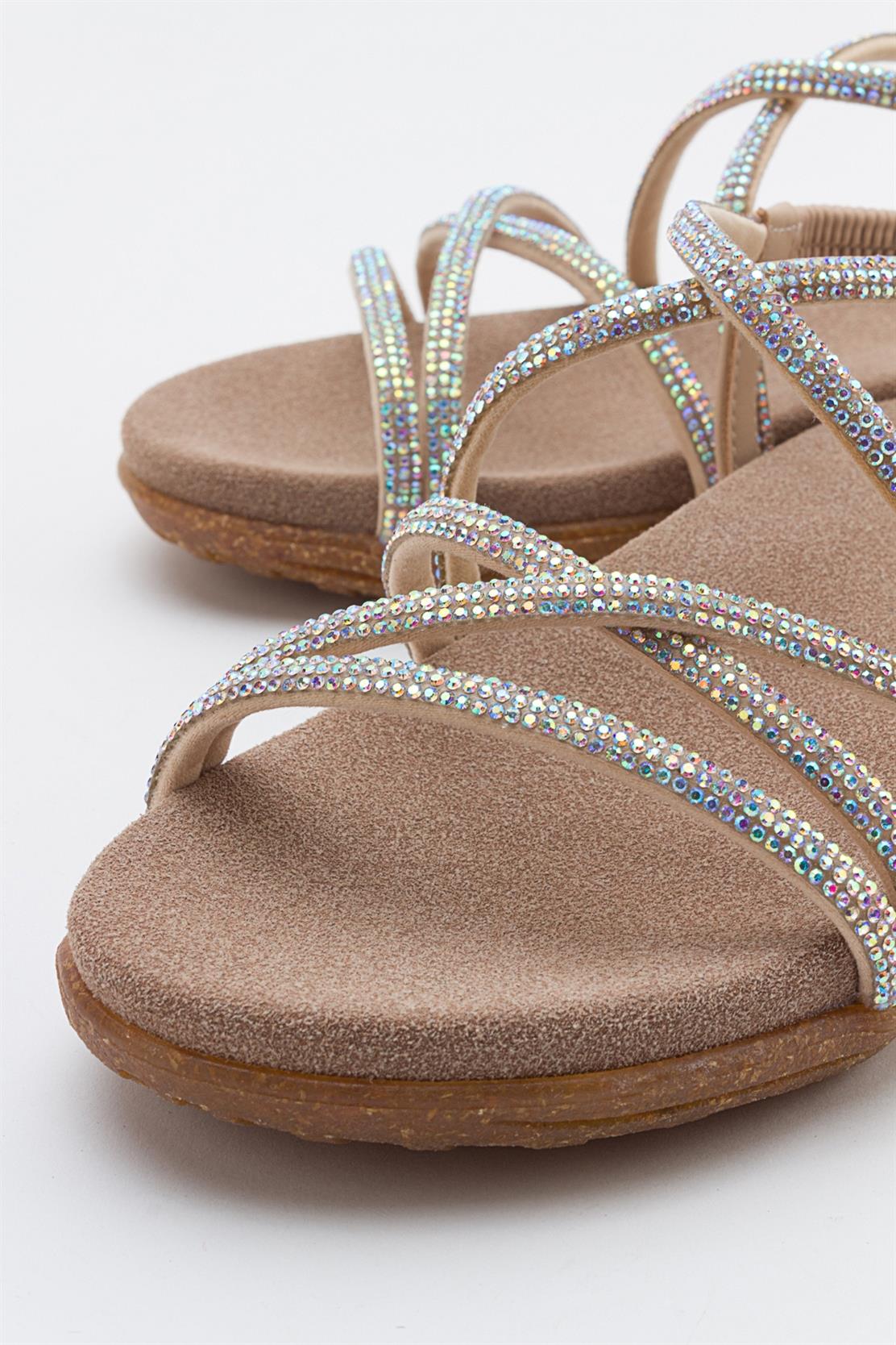 Ever Beige Embellished Sandal – back view showing leather, Vowalisse