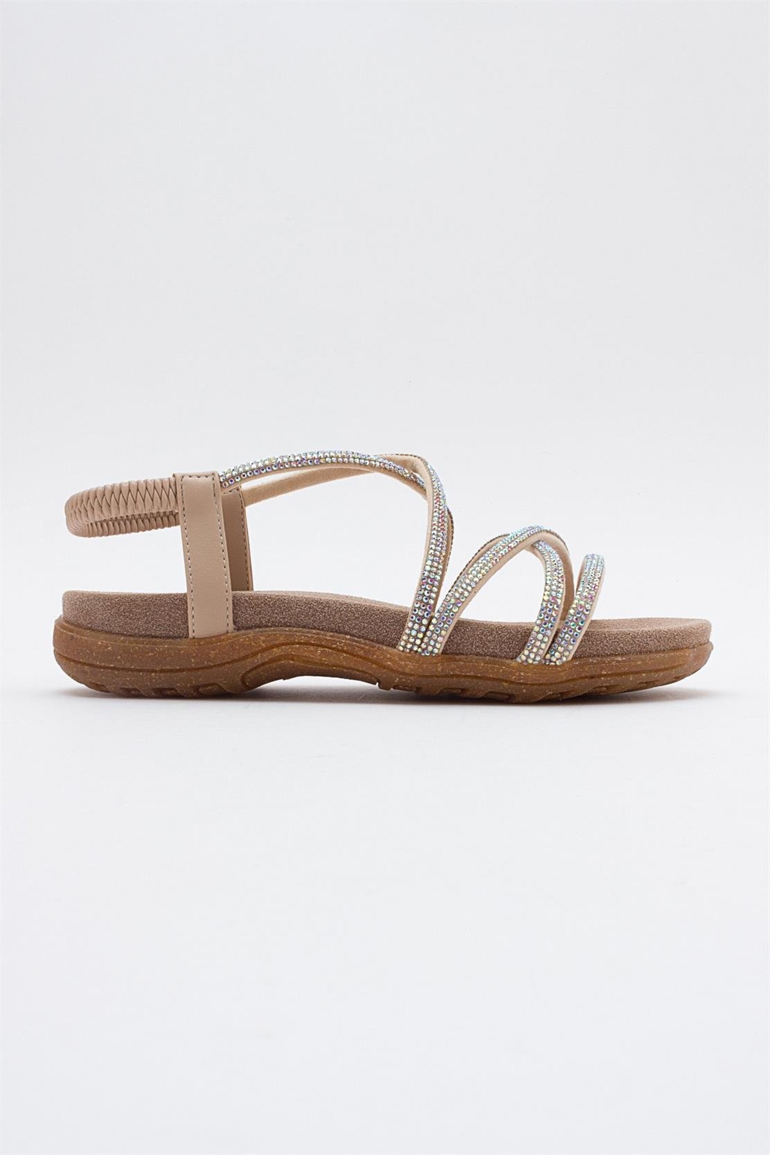 Ever Beige Embellished Sandal – top view showing leather, Vowalisse