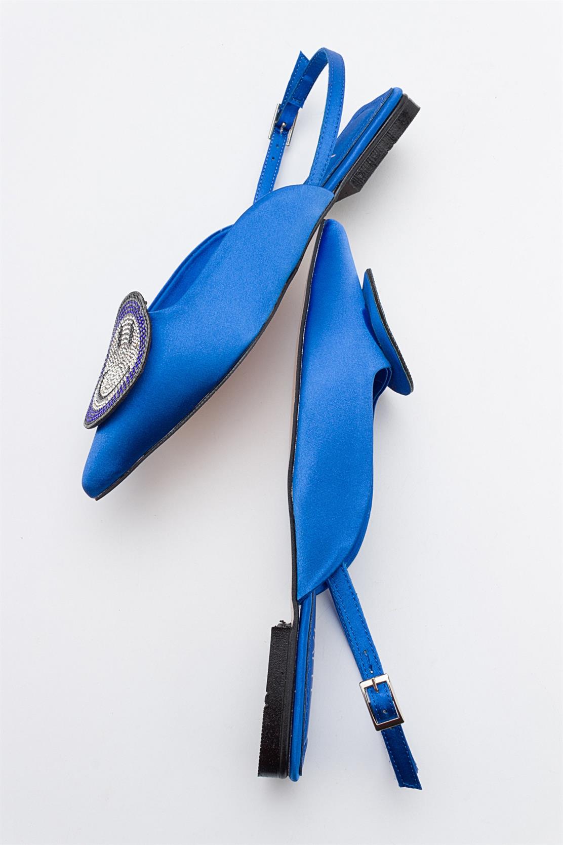 Gevel - Powder Blue Satin Ballet Flat – heel view showing satin, blue, Vowalisse