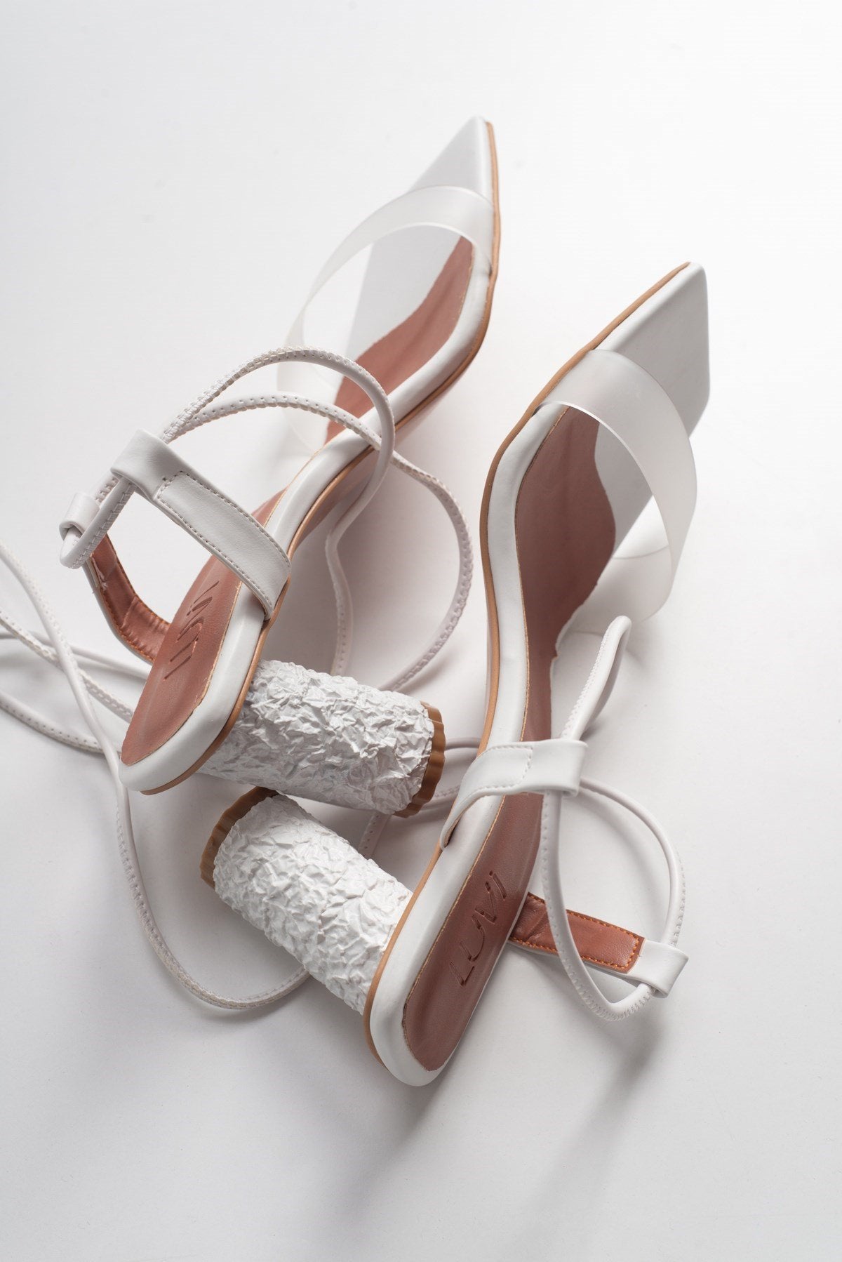 Rhea White Block Heel Sandal – side view showing leather, white, Vowalisse