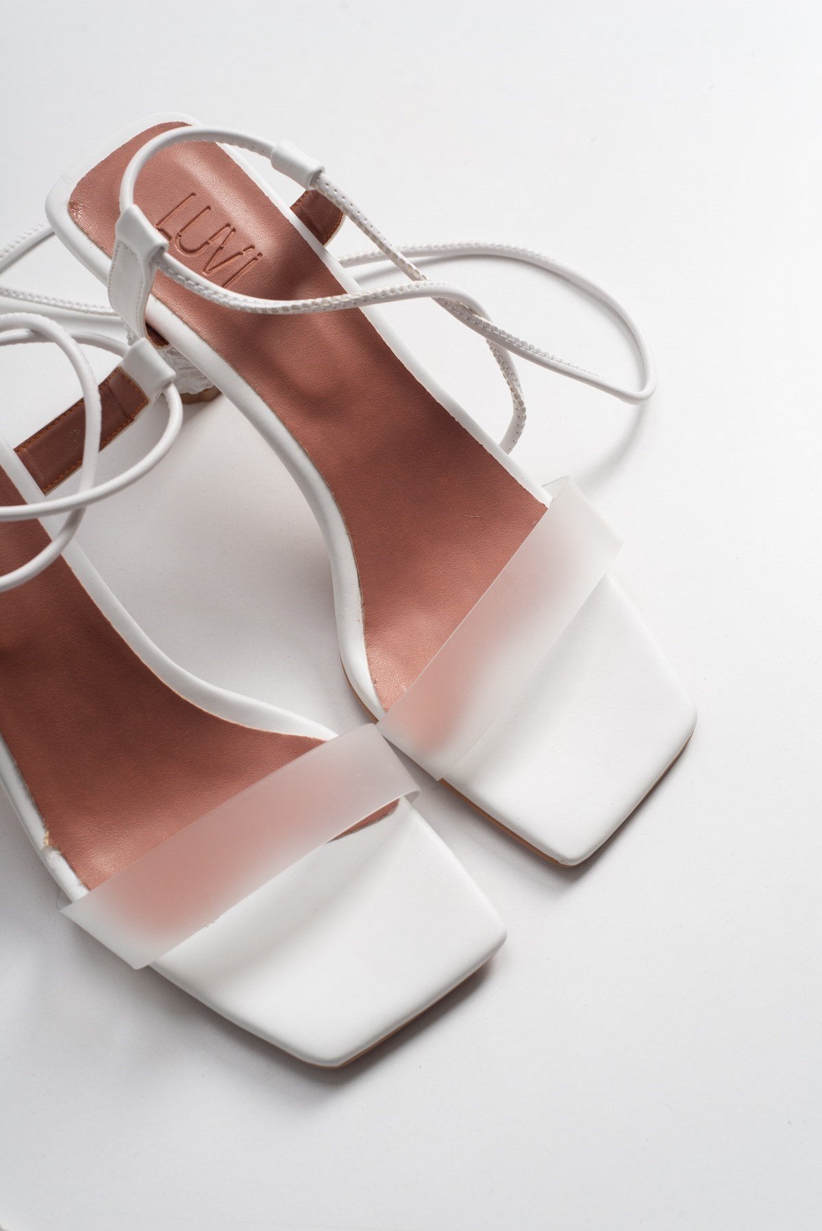 Rhea White Block Heel Sandal – detail view showing leather, white, Vowalisse