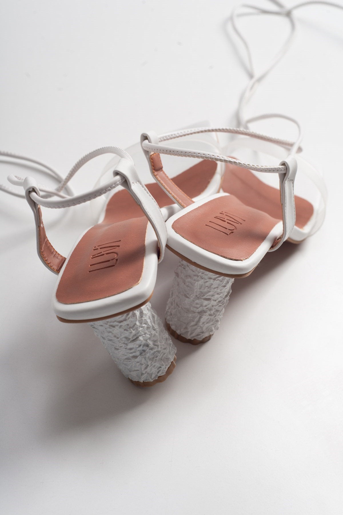 Rhea White Block Heel Sandal – heel view showing leather, white, Vowalisse