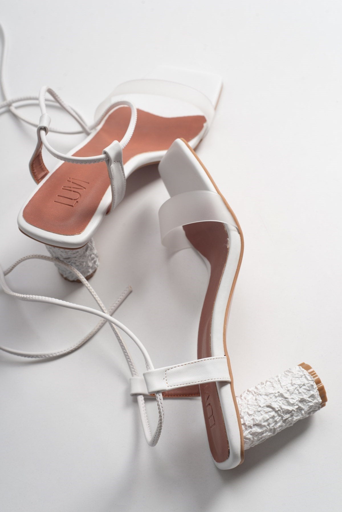 Rhea White Block Heel Sandal – back view showing leather, white, Vowalisse