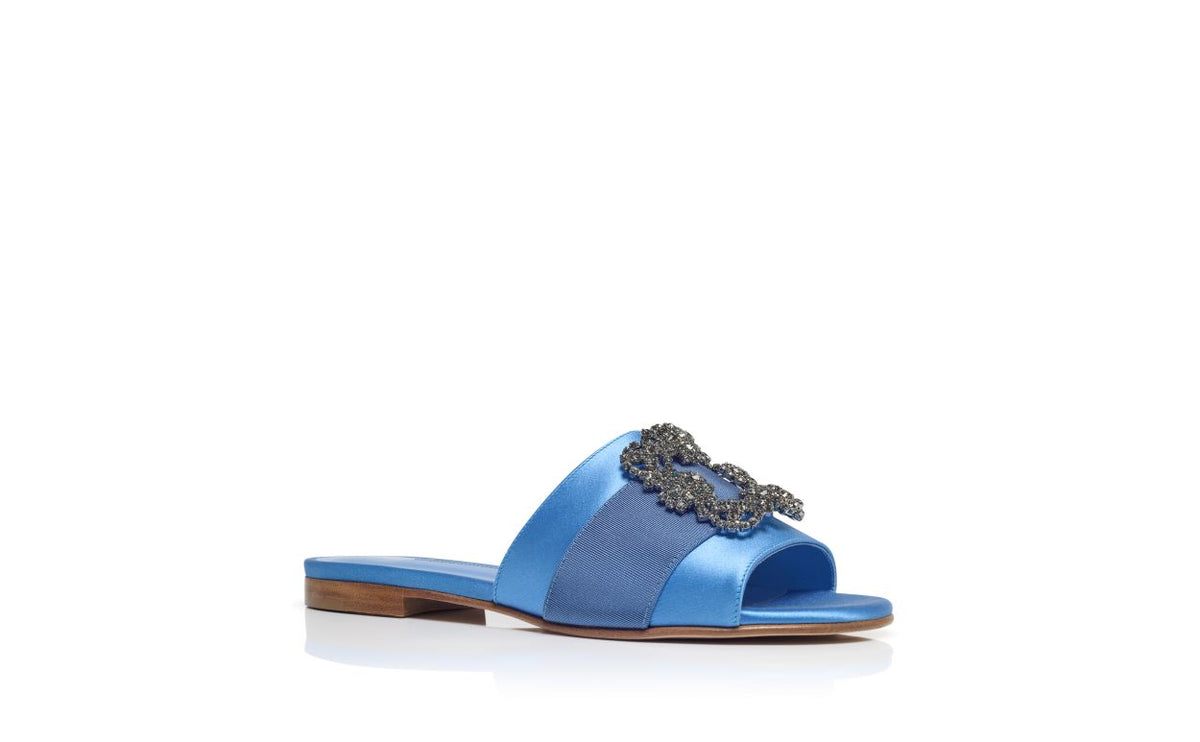 Marielle Pearl Blue Jewel Buckle Mules – top view showing blue jewel buckle, crystal buckle, satin, Vowalisse