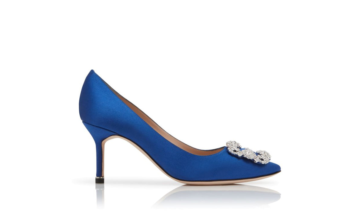 Cressida Dawn Blue Jewel Buckle Pumps – side profile showing blue jewel buckle, crystal buckle, almond toe, satin…