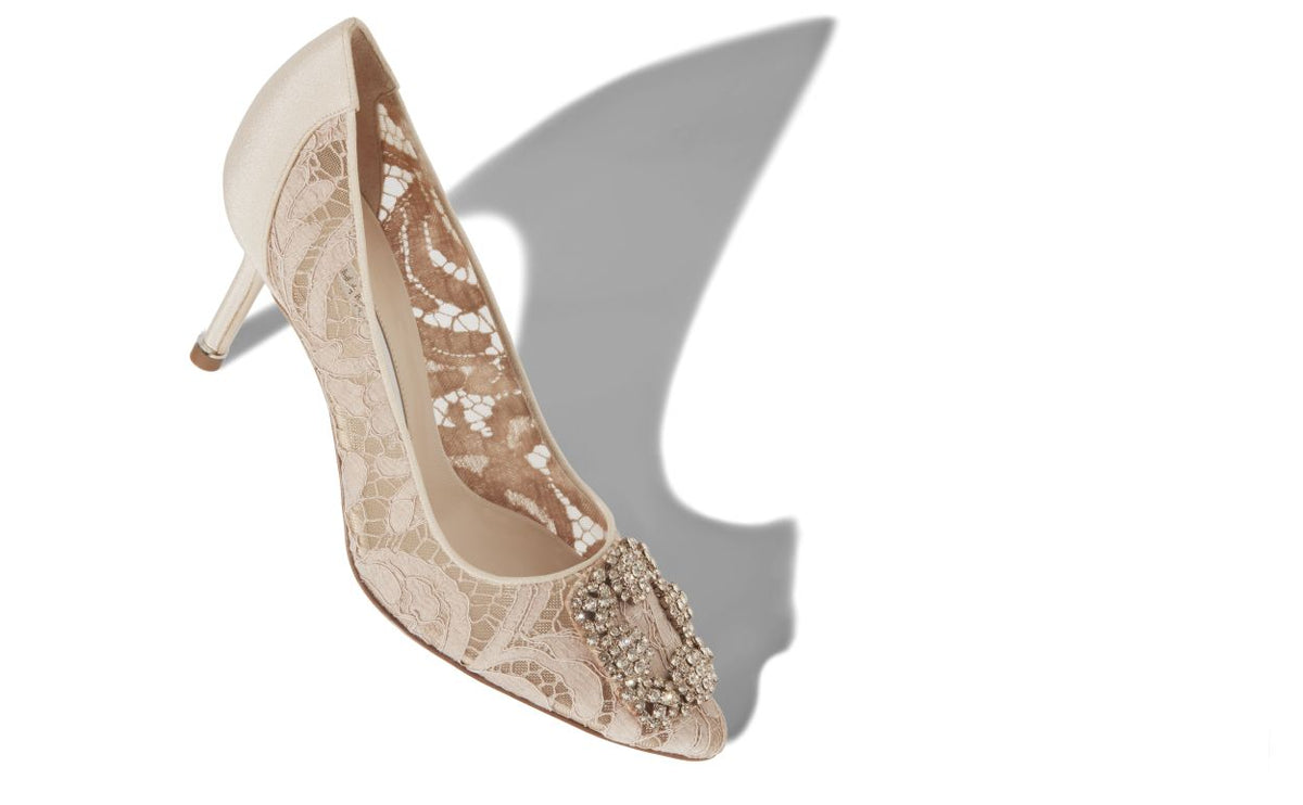 Clarisse Dawn Neutral Jewel Buckle Pumps – front three-quarter view showing neutral jewel buckle, crystal buckle, almond…
