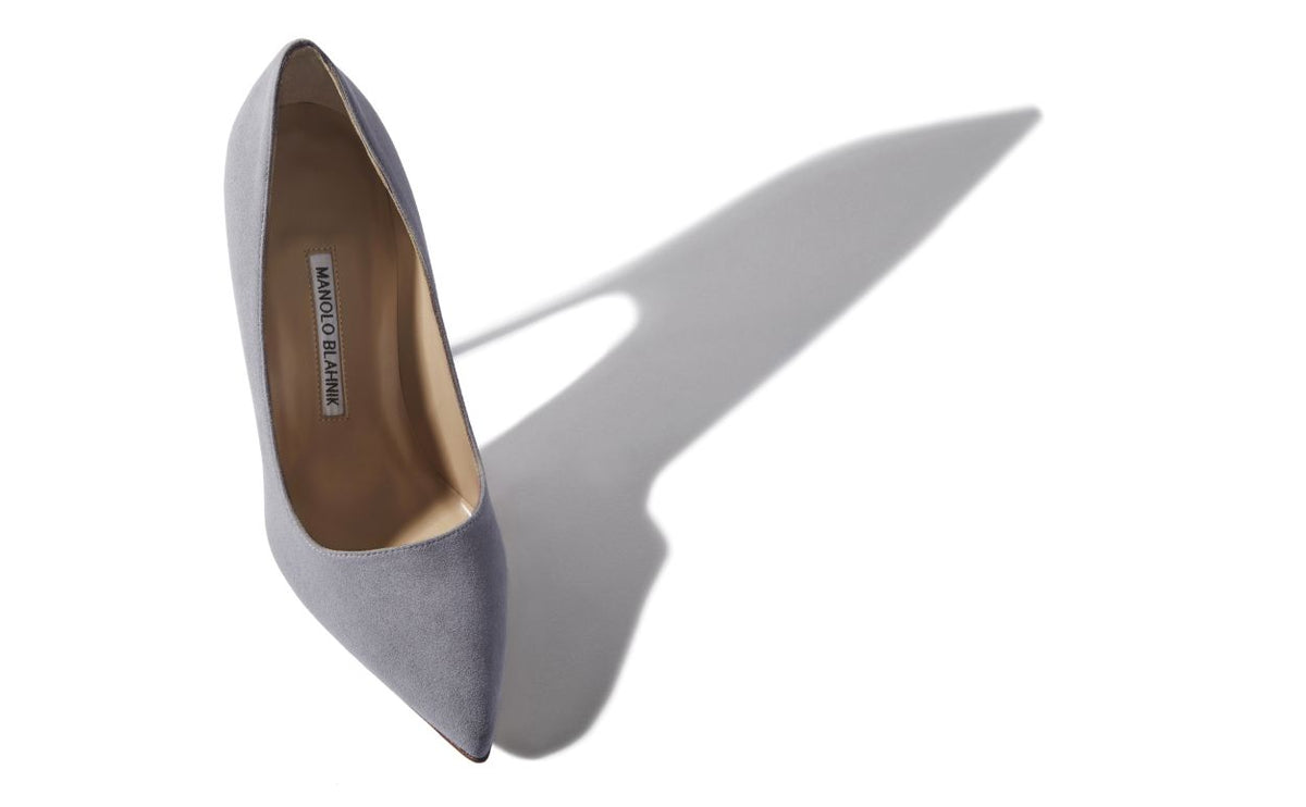 Celeste Crown Grey Pointed Toe Pumps – front three-quarter view showing grey pointed toe, suede, Vowalisse
