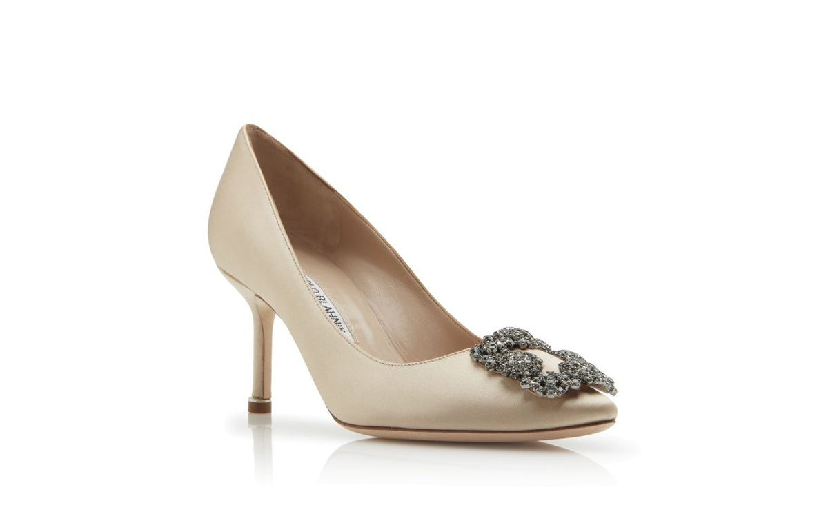 Isadora Belle Neutral Jewel Buckle Pumps – top view showing neutral jewel buckle, crystal buckle, almond toe, satin…