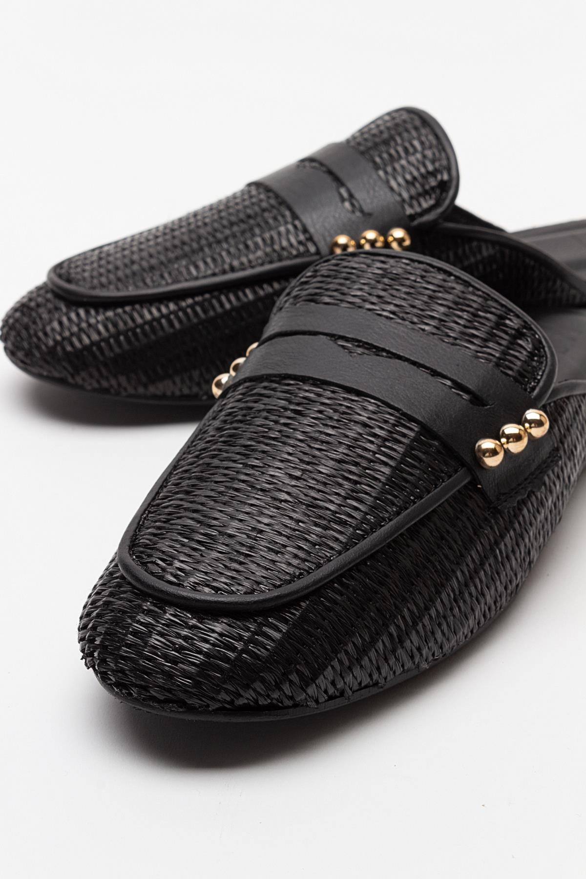 Patrizia - Black Leather Mule – heel view showing leather, black, Vowalisse