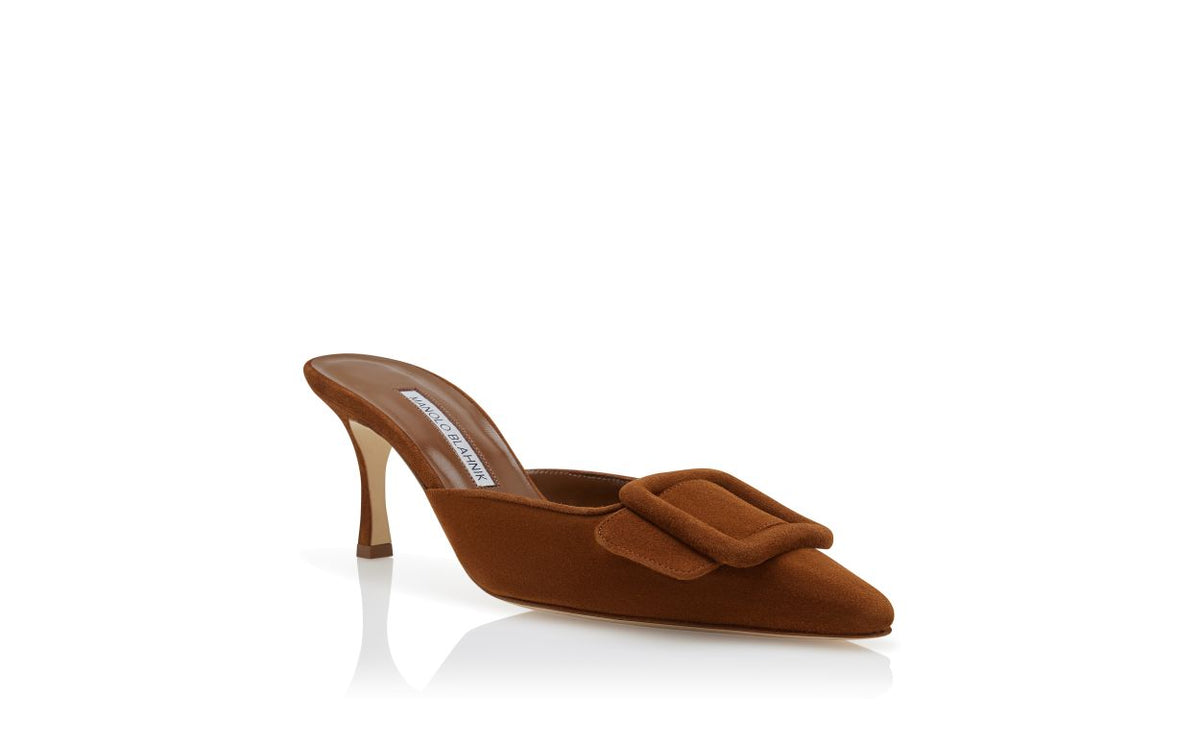 Colette Pearl Brown Pointed Toe Mules – top view showing brown pointed toe, suede, Vowalisse