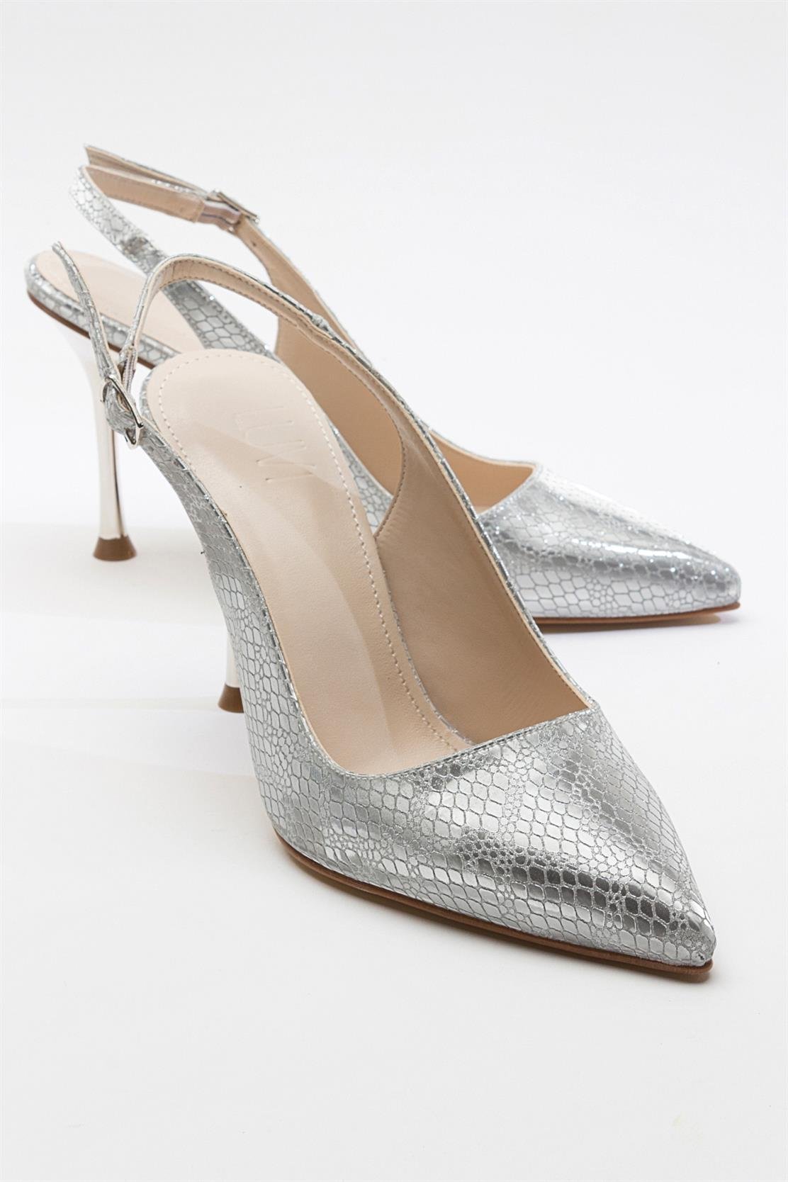 Orfo - Silver High Heel Shoe – front three-quarter view showing leather, silver, red, Vowalisse